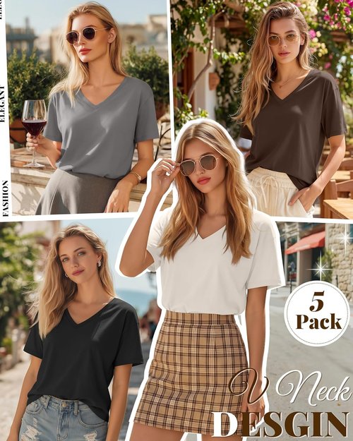 Huukeay Women's V-Neck Basic Tees - 5 Pack Comfortable Casual Short Sleeve T-Shirts | Solid Colors for Summer