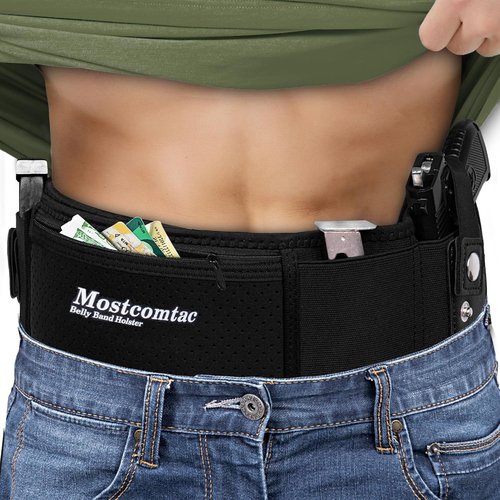 Mostcomtac Belly Band Holster for Men & Women - Breathable Neoprene Gun Holster, Multi - Pocket Tactical Belt for Outdoors, Fits Glock 19, 17, 43, 43x, Taurus G3C, G2C and Most 9mm and 380 Handguns
