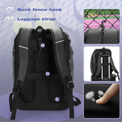 Smasrob Pickleball Bag Fits 2-4 Paddles, Pickleball Backpack with Laptop Pocket, Shoe Compartment and Fence Hook, Black