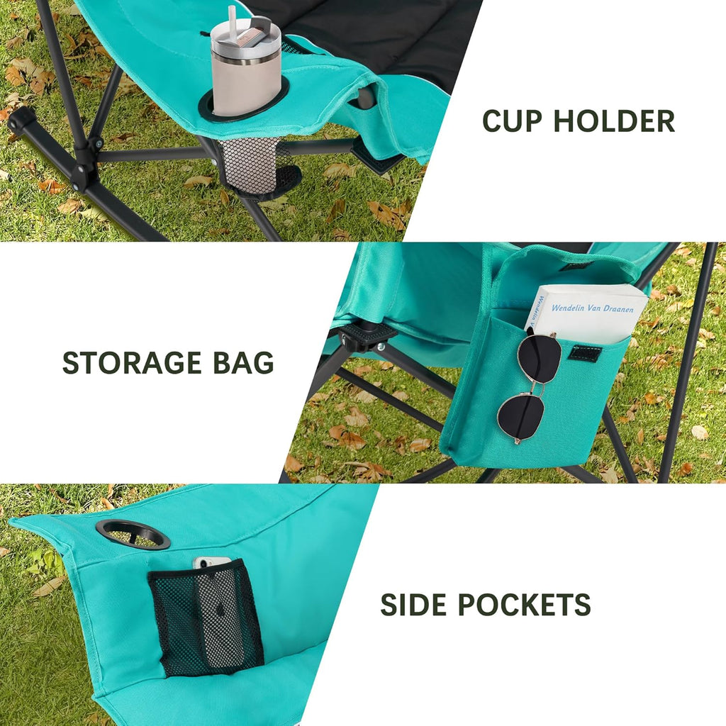 Unisakey Oversized Rocking Camping Chair - 400lbs Capacity, Headrest & Cup Holder, Portable Black/Green
