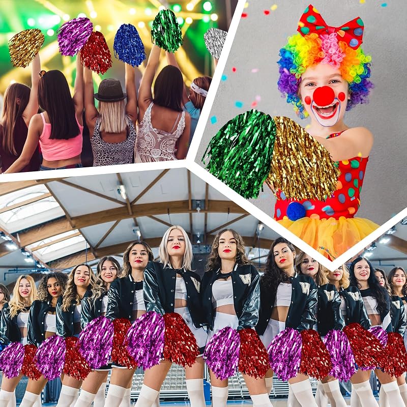 Multicolor 100 Pcs Metallic Cheerleading Pom Poms with Plastic Handles - 13in