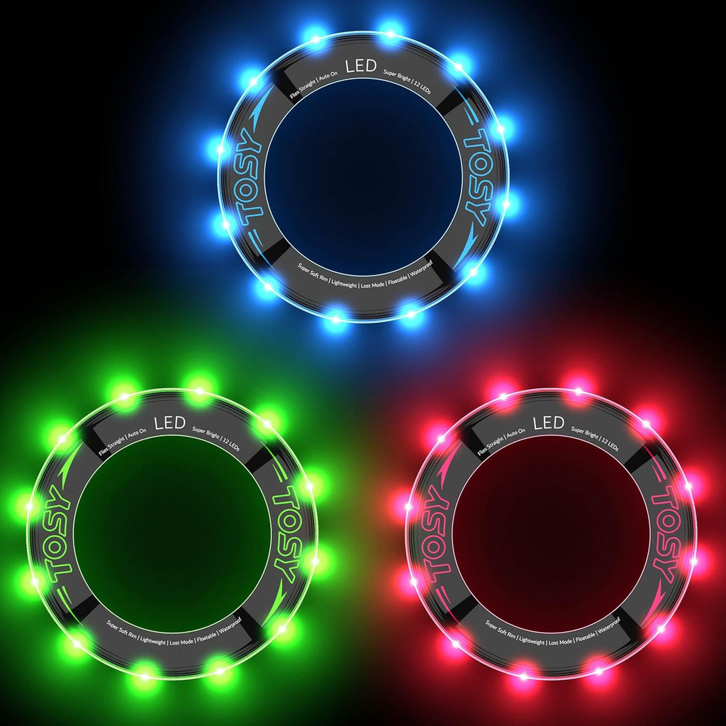 TOSY Flying Ring Bundle - 3 Colors (Blue, Green, Red) - Super Bright 12 LEDs for Ultimate Fun