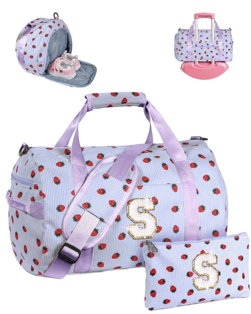 Vogewood Cool Stuff for Teen, Girls Gym Bag, Kids Personalized Overnight Duffle Bags with Shoe Compartment, Monogram Travel Tote with Makeup Bag, Gift for 9 10 11 12 13 Year Old Girl (Letter S)