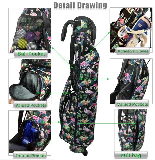 GREEN ACTION Sunday Golf Bag with Strap & Stand, Lightweight Golf Stand Bags with Two-Way Divider/Cooler Pocket, Golf Club Bags Holds 5-6 Clubs for Driving Range, Par 3 and Standard Courses Men Women