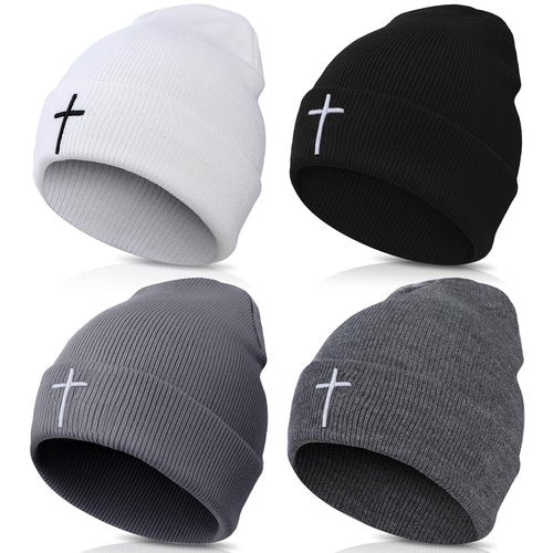 Newcotte 4 Pcs Christian Cross Beanie Jesus Hat Skull Winter Cap Embroidery Knitted Unisex Beanies Faith Religious Gifts for Men Women Teen Winter Sports