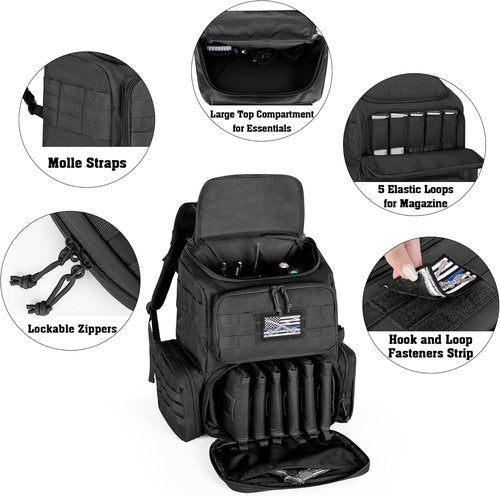 DSLEAF Tactical Range Pistol Backpack - 6 Pistol Cases & 9 Magazine Slots for Shooting & Hunting