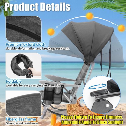 DaisyInner Extra Large Beach Chair Umbrella Canopy - Foldable Sun Shade with Adjustable Clamp | Grey