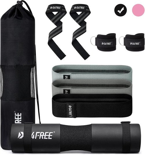 G4Free Barbell Pad Set - 9-Piece Gym Equipment for Squats, Hip Thrusts & Lunges | Includes Ankle Straps & Resistance Bands