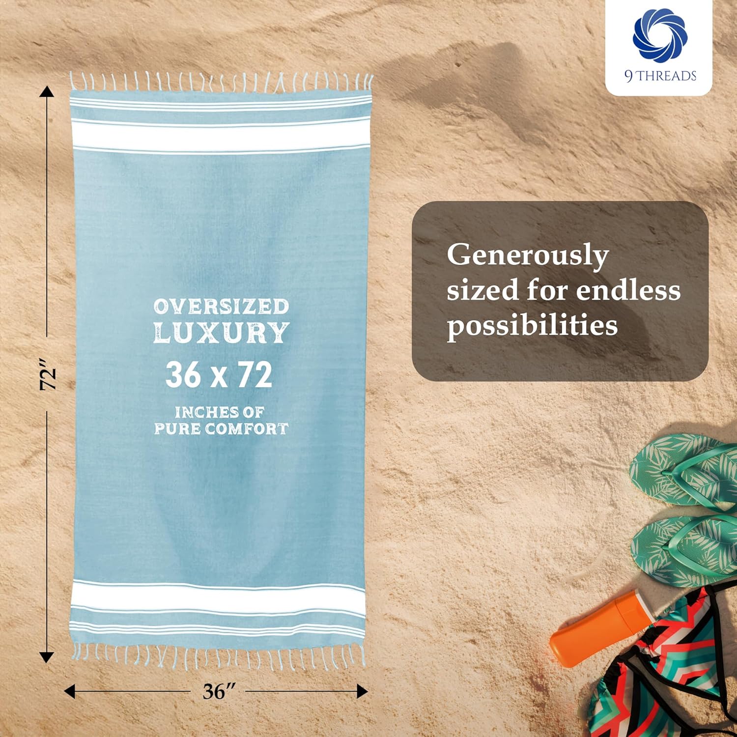Skiennix Oversized Cotton Turkish Beach Towels - Quick Dry & Absorbent | Aqua Blue, 36"x72", 2 Pack