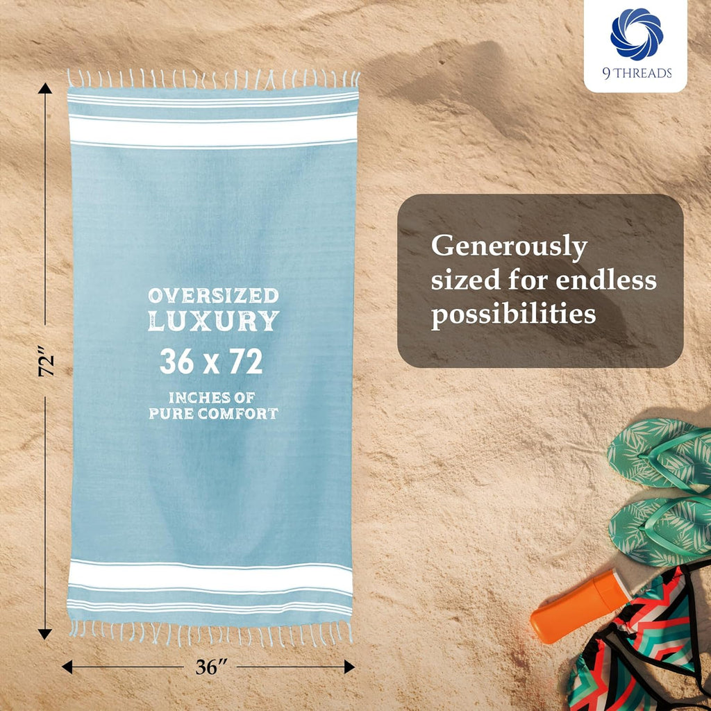 Skiennix Oversized Cotton Turkish Beach Towel - Quick Dry & Absorbent | Aqua Blue, 36"x72", 4 Pack