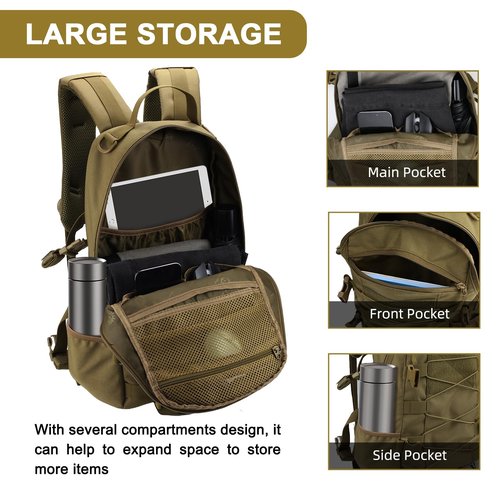 25L Hiking Backpack Small Tactical Backpack Daypack Camping Trekking Hunting Molle Pack for Men Women, Khaki