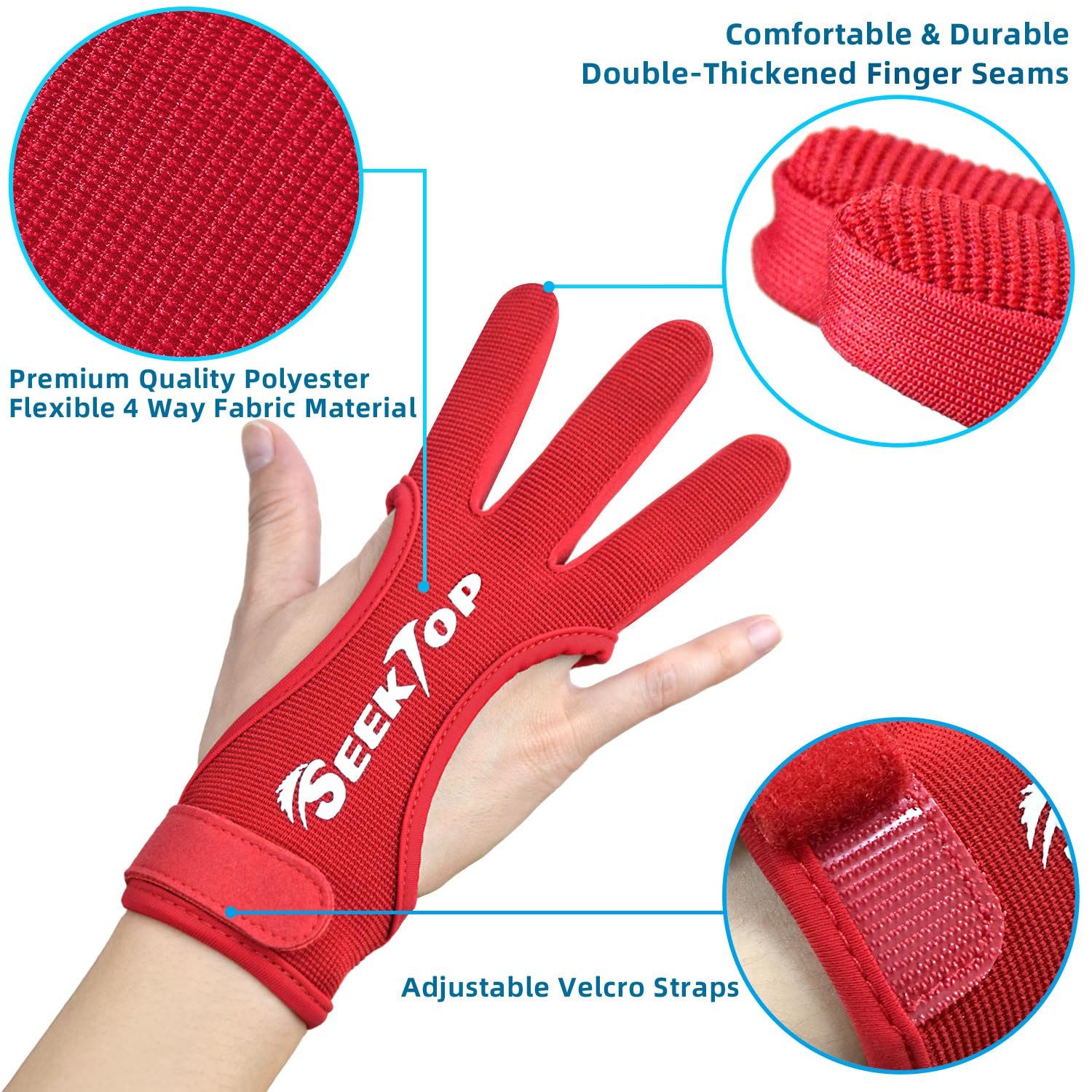 Seektop Archery Gloves Shooting Hunting Leather Three Finger Protector for Youth Adult Beginner (Red, M)