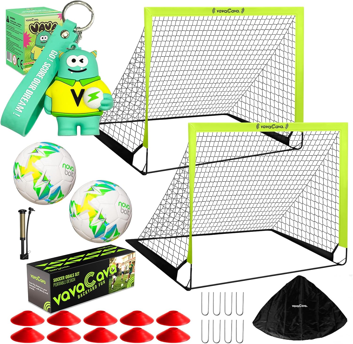 VavaCava Portable Soccer Goals Set - 4'x3' with 2 Nets, Balls, Cones & Pump for Kids Outdoor Fun