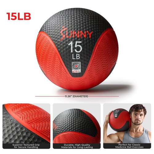 Sunny Health & Fitness 15LB Medicine Ball, Textured Rubber, Core Strength & Balance Training, Bouncing, Weight for Home Workouts SF-EB03-15