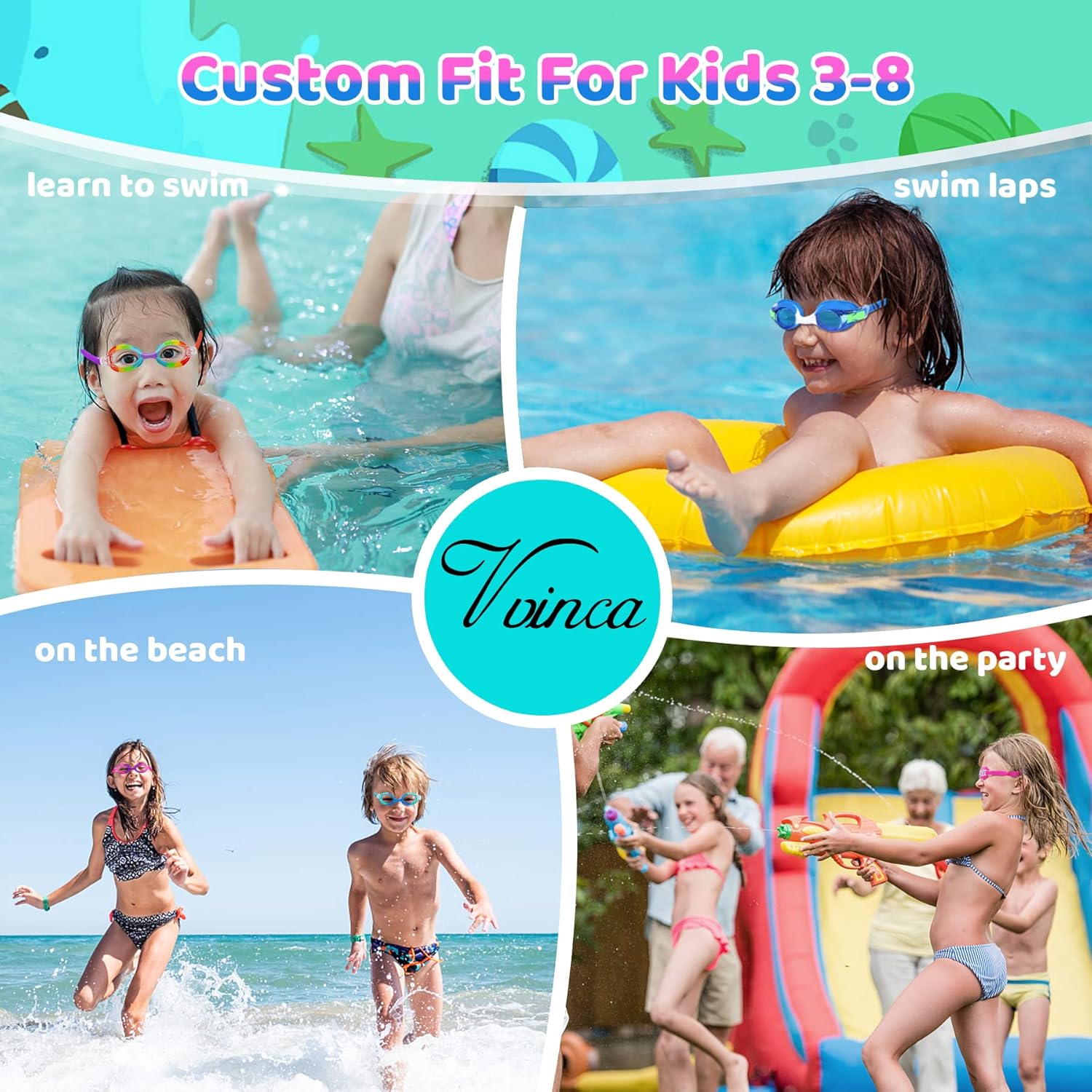 Vvinca Kids Swim Goggles - Anti-Fog, No Leak Design with Fabric Strap | Pain-Free for Toddlers & Children