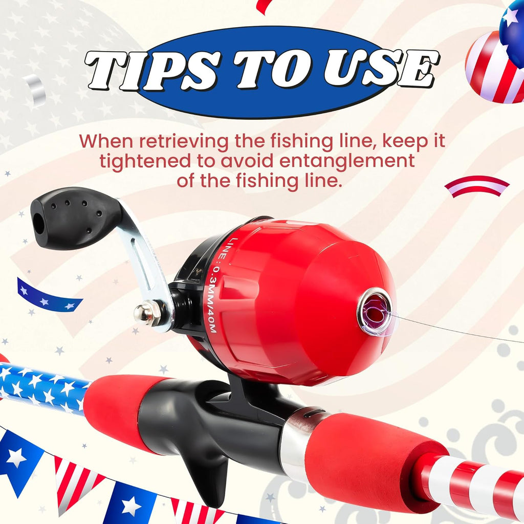 WIDDEN 4th of July Kids Fishing Pole, Portable Telescopic Toddler Fishing Pole for Boys and Girls, American Flag Youth Fishing Rod and Reel Combo with Full Starter Kits