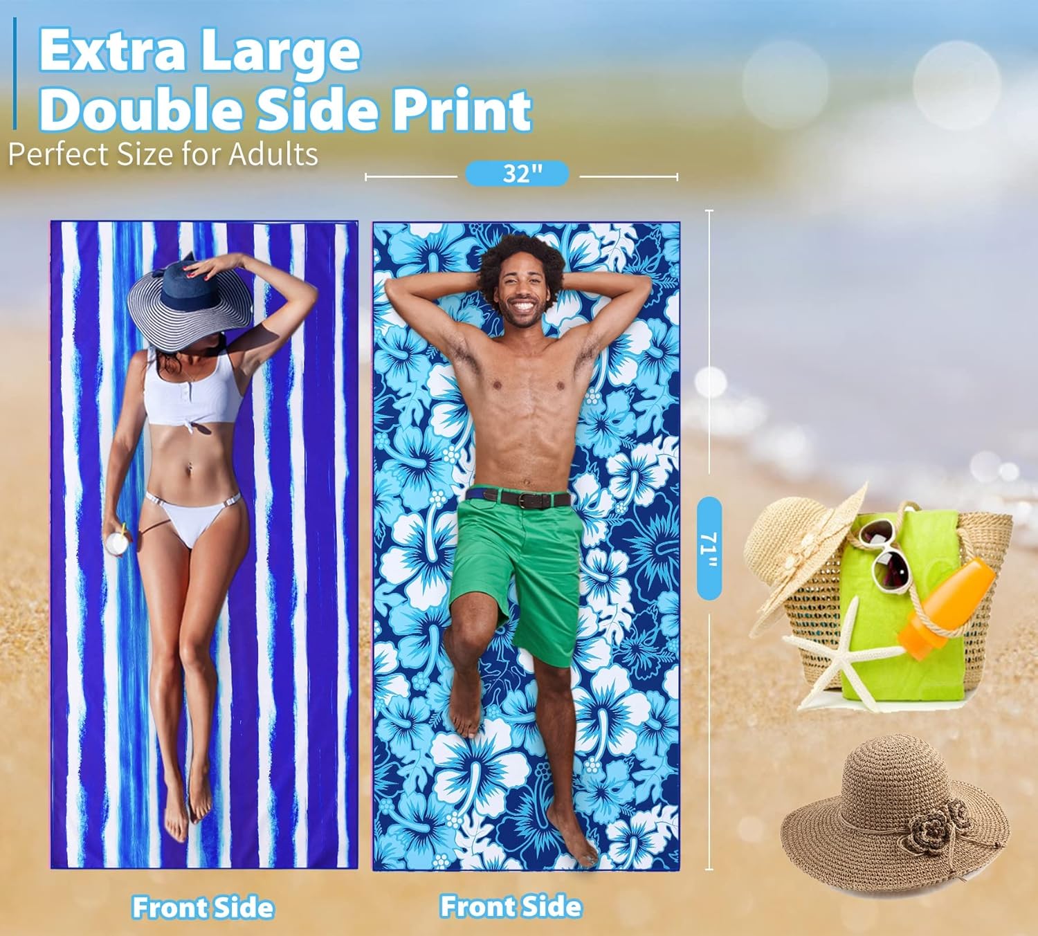 TwoYek Microfiber Beach Towels - Lightweight & Quick-Dry | 71x32 Oversized Sand-Free Travel Essentials