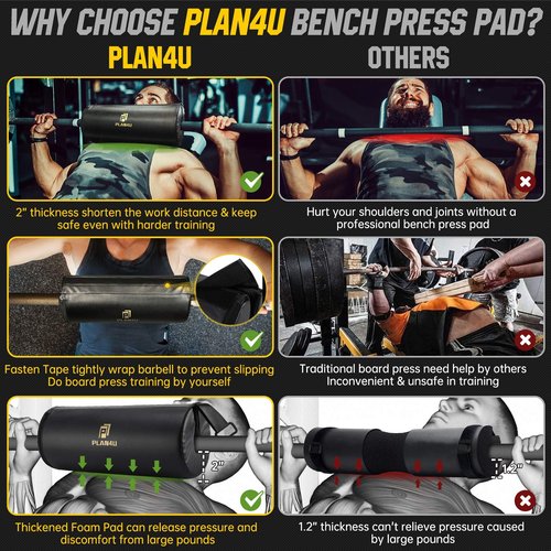 Plan4U Barbell Pad for Bench Press Hip Thrust Weightlifting, Upgraded Board Press with 2 inches Non-Slip Thickness Leather Foam Pad Fits Standard Olympic Bars for Powerlifting Bench Workout, Black