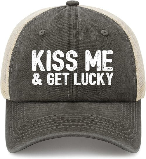 Kiss Me and Get Lucky Hat - Funny Trucker Hat for Men | Perfect Birthday Gift