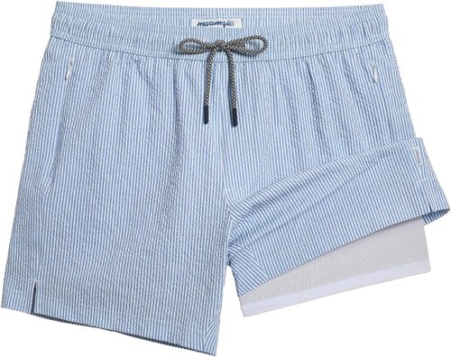 Maamgic Men's Swim Trunks - 5.5 Inch Quick-Dry Seersucker Beach Shorts with Compression Liner