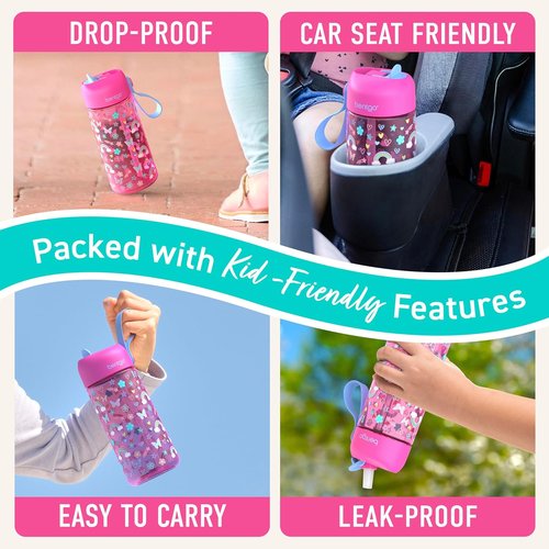 Bentgo Kids Water Bottle - Leak-Proof, Durable Tritan BPA-Free 15 oz Cup for Ages 3+ | Bite & Sip Spout, Dishwasher Safe (Rainbows & Butterflies)