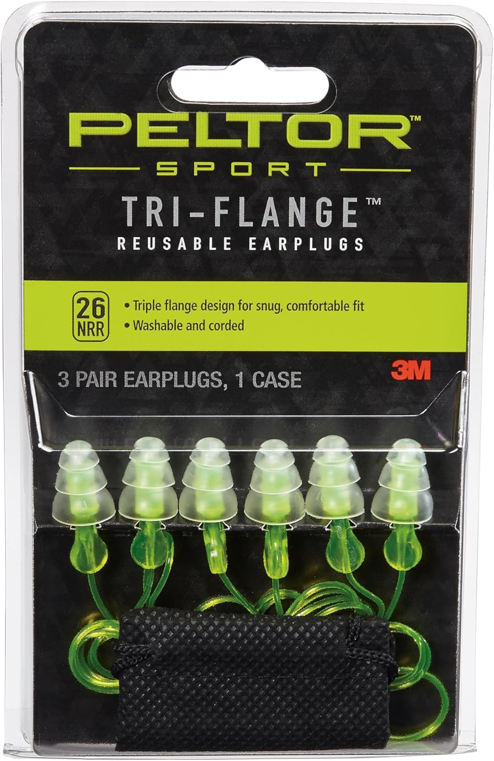 Peltor Sport Tri-Flange Earplugs - Comfortable Noise Reduction (NRR 26 dB) - 3 Pairs, Neon Yellow