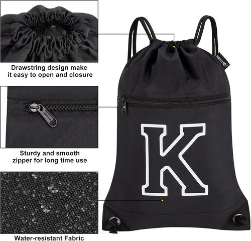 HOLYLUCK Drawstring Backpack - Stylish Initial Design for Sports, Gym, Travel | Black-K