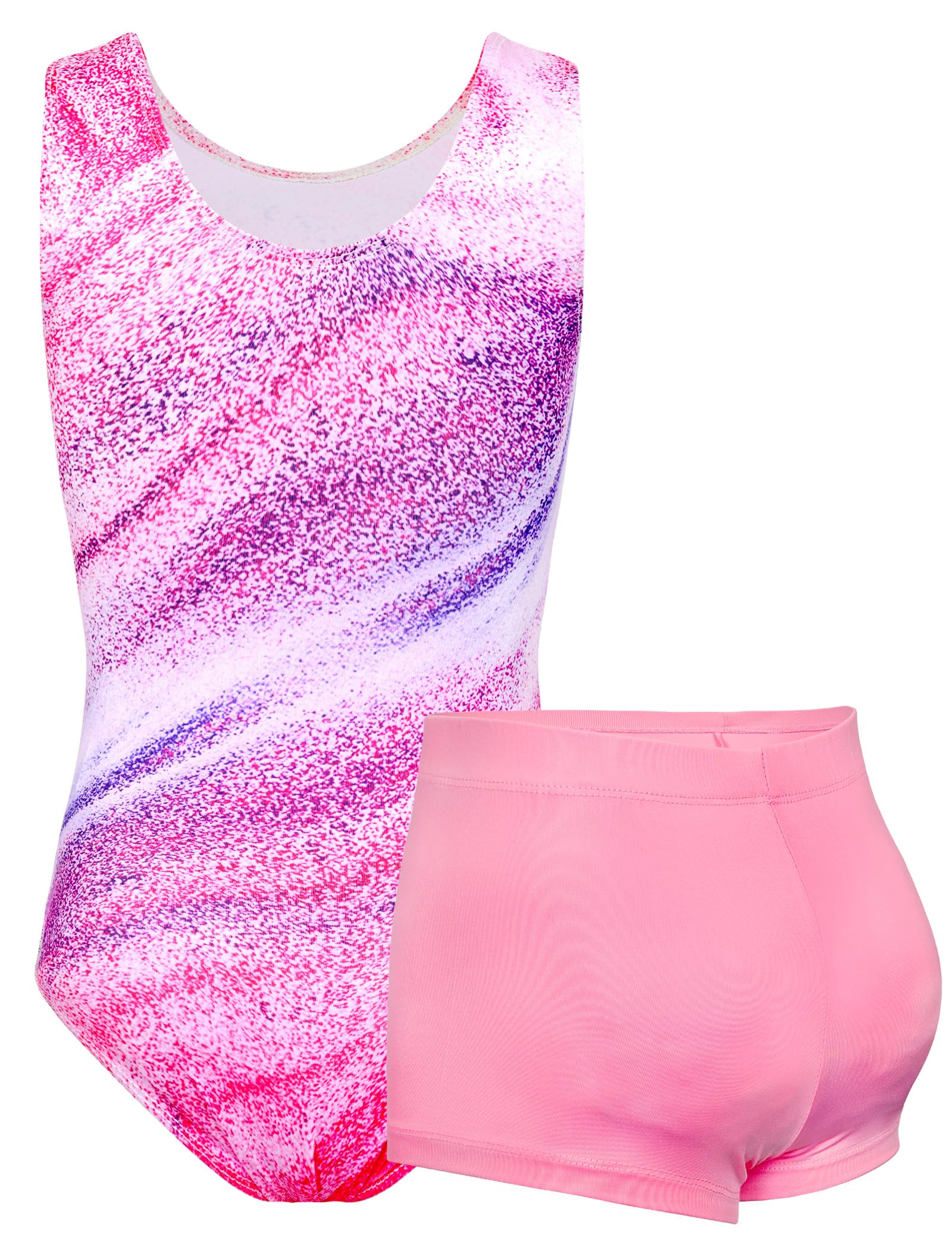 TENVDA Gymnastics Leotards for Girls Tumbling Outfit Size 7-8 Years Old Pink Stripes Sleeveless Athletic Bodysuits Sets