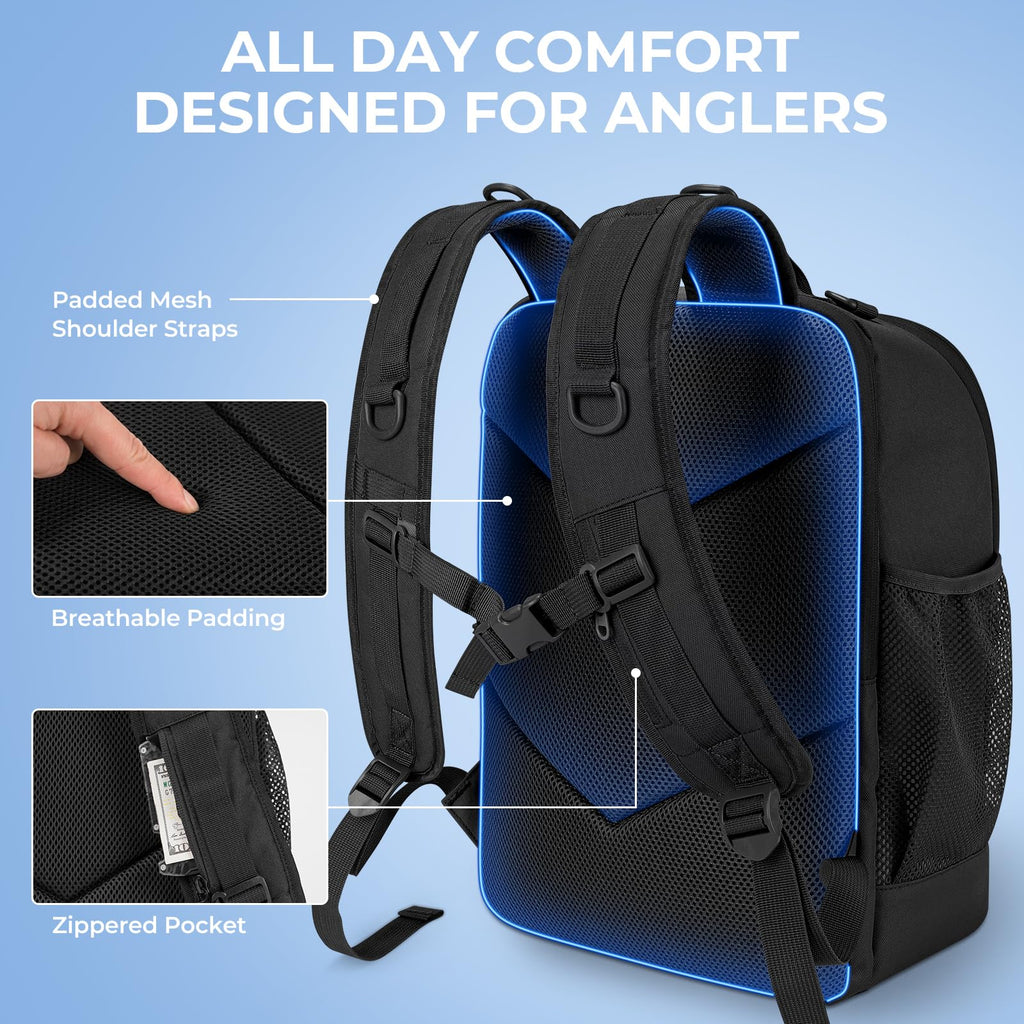 KastKing KarryAll Fishing Tackle Backpack with Rod Holder 4 Tackle Boxes,40/26L Tackle Bag Storage Fishing Gear and Equipment,Black,Medium