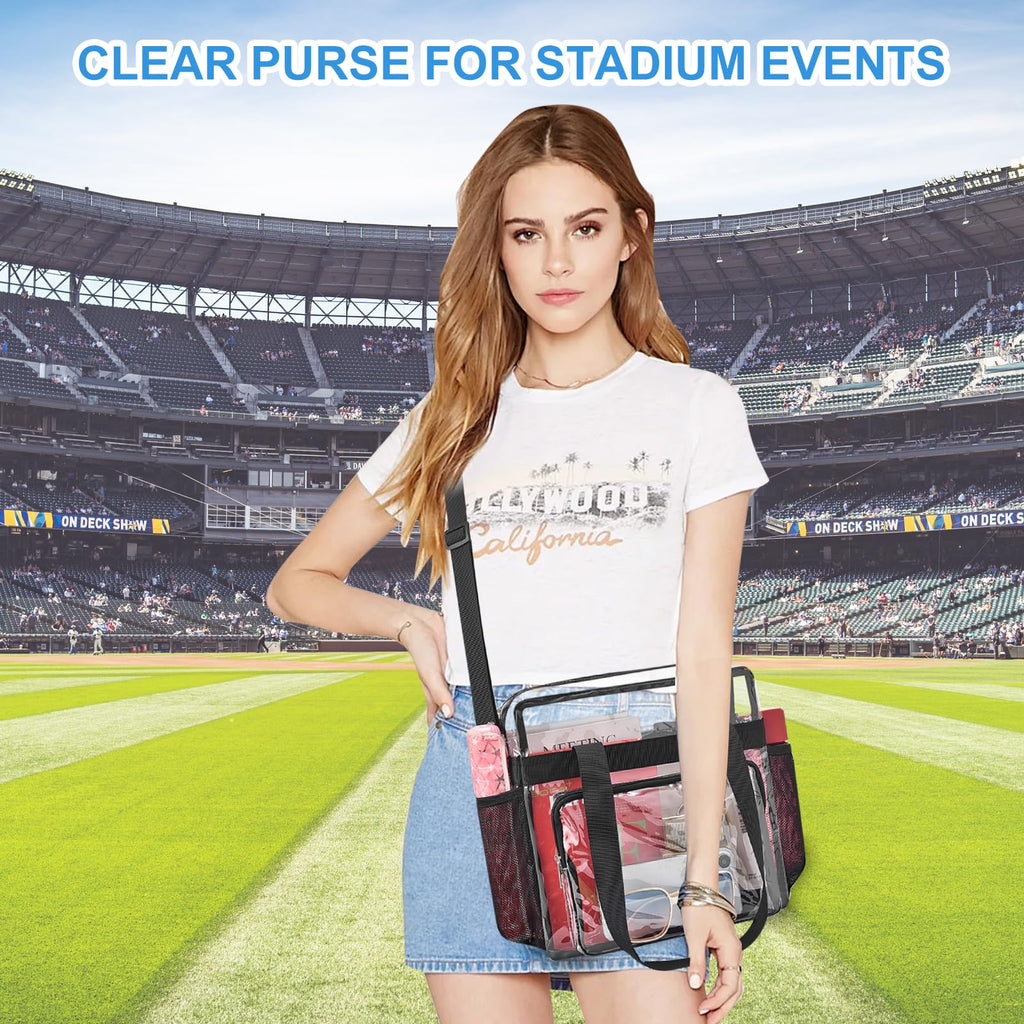 Busiuw Clear Bag for Stadium Events, Stadium Approved 12x12x6 Clear Tote Bag with Reinforced Straps for Sport Fan, Work Concert Travel(Black)
