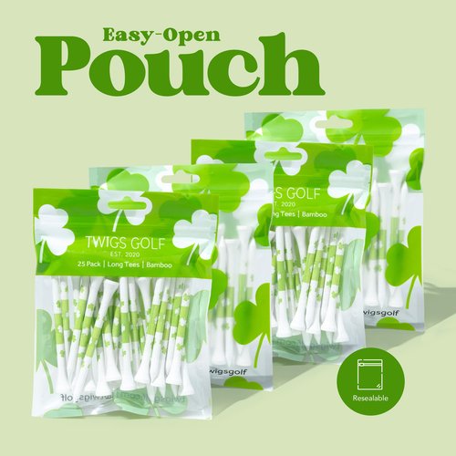 Twigs Golf Tees, Long Bamboo Tees, 100 Count, 3-1/4 inch, Shamrock Design