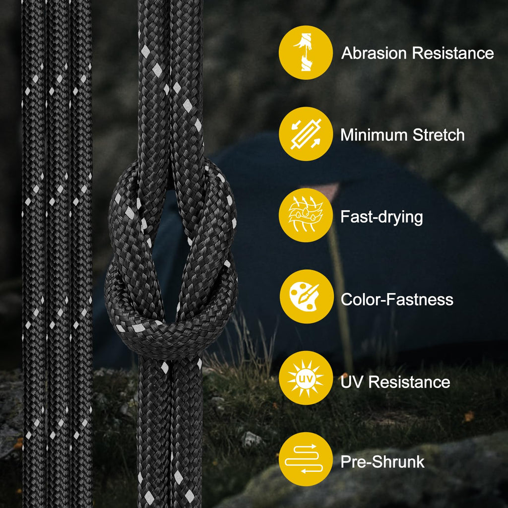 Thadavo Reflective Paracord Rope 850Ib, 50/100/200/500/1000ft 4MM 11 Strand para Cords Lanyard Utility Parachute Cord for Tent Camping Hiking Survival Tactical Clothesline DIY Projects, Black 100FT