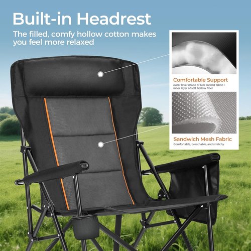 ALPHA CAMP Heavy Duty Camping Chair - Oversized Folding Chair with Cup Holder & Headrest | Supports 500lbs