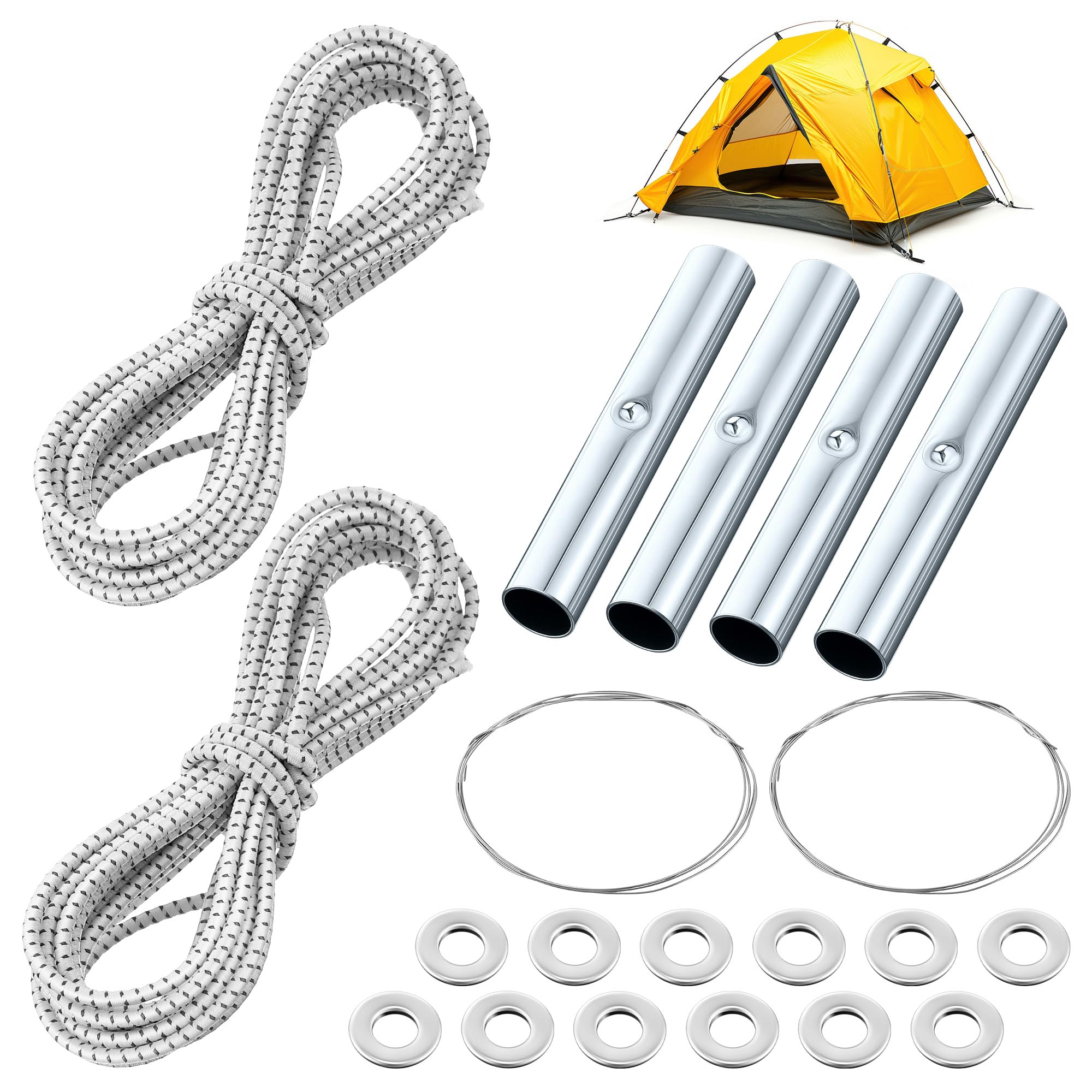 Shimeyao 2 Set Tent Pole Repair Kit, Universal Nylon Tent Poles Replacement Kit with 2 Shock Cords, 12 Washers, 4 Metal Tubes and 2 Iron Lead Wire, Repair Accessories for Camping Hiking Backpacking