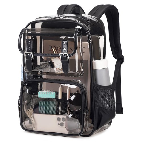 PIG PIG GIRL Clear Backpack Heavy Duty, PVC Clear Bookbag Transparent Backpack See Through Bag for Stadium College for Adult Men Women, Semi-Black