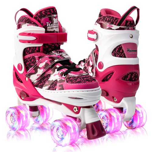 Kuxuan Skates Boys and Girls Camo Adjustable Roller Skates with Light up Wheels, Fun Illuminating Rollerskate for Kids Girls Youth