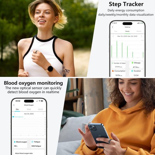 Thin Smart Ring for Fitness & Health Tracking -Pedometer,Sleep/Heart Rate/Blood Oxygen Monitor, Gesture Control / 5ATM Waterproof -No APP Subscription Compatible with Smart Phone (Black, 10)