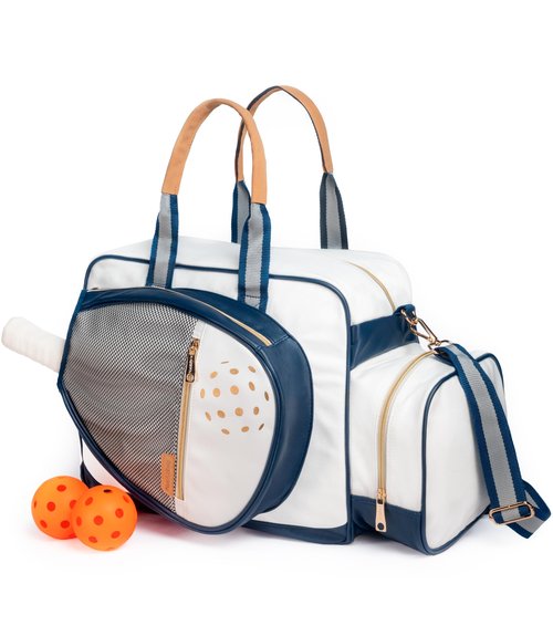 Net & Style Pickleball Bag Women Stylish Tote Large Capacity Paddle Holder Shoe Compartment Elegant Lightweight Design Durable Zipper Pockets Fence Hook White Navy Court Gym Travel Organizer
