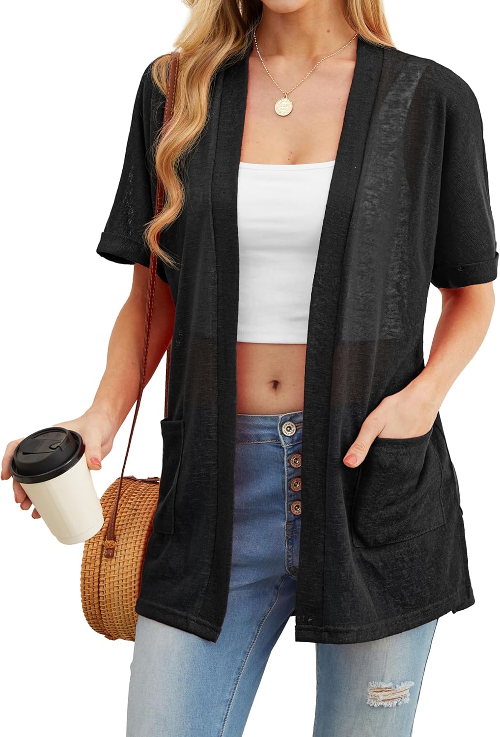PrinStory Short Sleeve Cardigan - Lightweight Sheer Knit Cover-Up with Pockets | Casual Summer Style