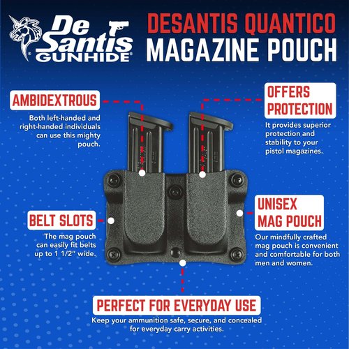 DeSantis Quantico Double Magazine Pouch- Pistol Magazine Holder, Fits SIG P365, Kimber R7 Mako, Mossberg MC2C, Springfield Hellcat, Hellcat Pro, Ruger MAX-9, S&W M&P 9 Shield Plus- Ambidextrous, Black