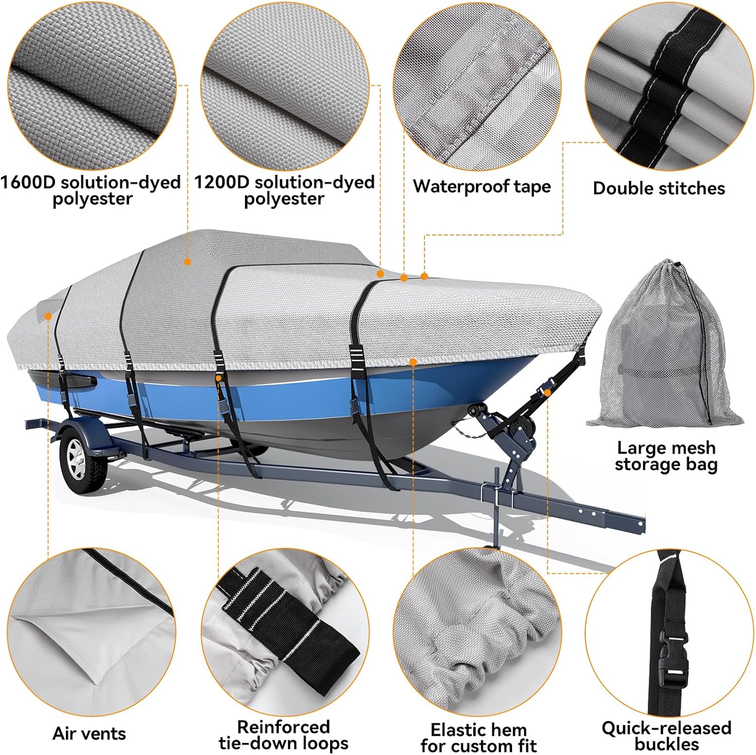 Ultra Durable 1600D + 1200D Boat Cover - Waterproof Protection for 16-18.5ft Tri-Hull & V-Hull Boats | Includes Storage Bag