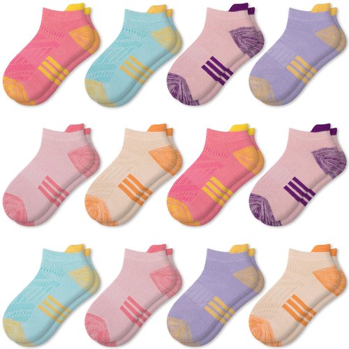 Comfoex 12 Pairs Girls Athletic Ankle Socks for 4-6 6-8 8-10 Years Old Cotton Short Socks for Little Big Kids