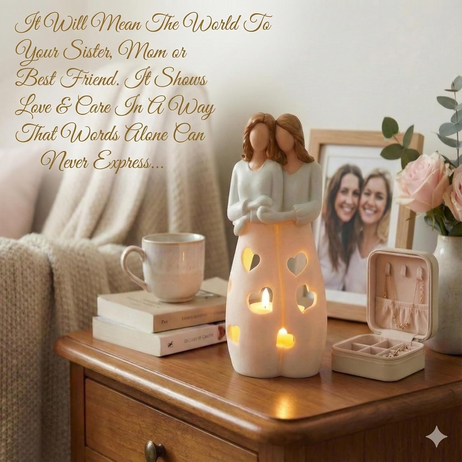 Sisters for Mom - Candle Holder Statue with Flickering LED Light | Unique Gift for Mother's Day, Birthdays & Friends
