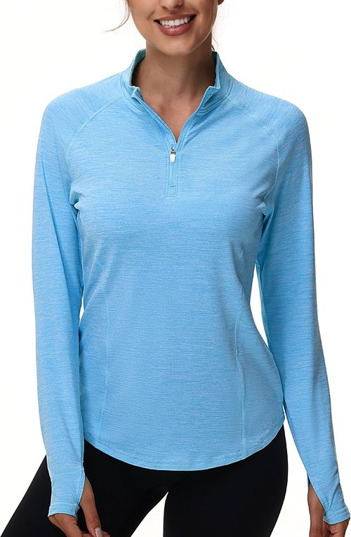 Isnowood Women's Rash Guard - 1/4 Zip Long Sleeve Shirt with UPF 50+ Sun Protection | Quick Dry Athletic Top