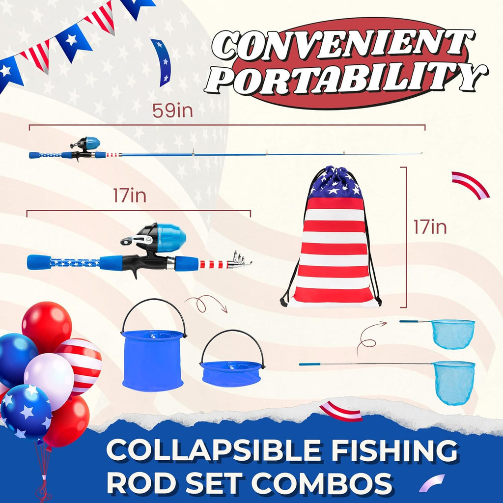 Skiennix Kids Fishing Pole - Portable Telescopic Rod & Reel Combo with Tackle Box & Net | Ideal for Boys & Girls