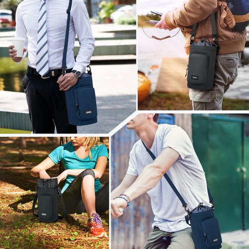 HanTrip Insulated Water Bottle Carrier Bag with Strap Phone Pocket for 25/32/40/64 oz Tumbler Cup, Water Bottle Holder Crossbody Shoulder Sling Bag for Walking Hiking Gym Travel (Navy Blue)