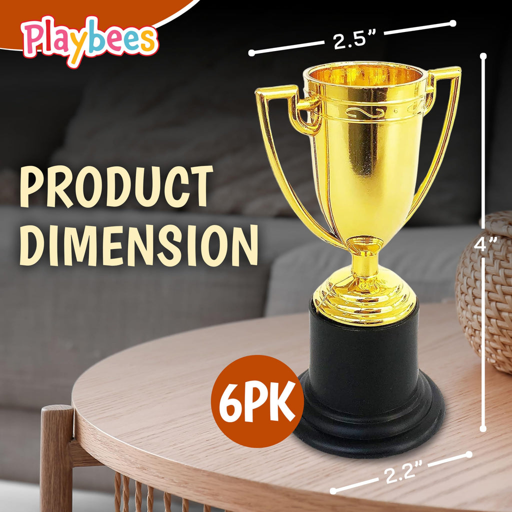 Playbees Plastic Golden Cup Trophy for Kids - 6 Pack - 4 Inch Achievement Prize Awards - Ideal Recognition for School, Sports, Office, Carnival Games - Party Favors, Decor, Props - Motivational