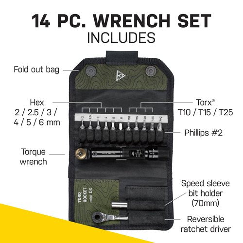 Topeak Torq Rocket MiniX Torque Wrench – 1–6 Nm Adjustable Ratcheting Bike Tool with 11 Bits, Tire Lever & Carry Case – Compact Precision Torque Wrench for Road, MTB & Gravel Bikes