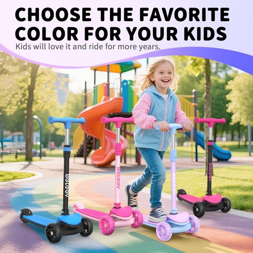 BELEEV Scooter for Kids Ages 3-12, 3 Wheel Folding Scooter for Toddlers Girls Boys, PU LED Light-Up Wheels, 4 Adjustable Height, Lean to Steer, Three Wheel Kick Scooters for Children (Purple)