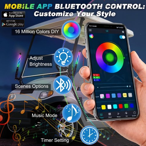2PCS 1FT Whip Lights for All Golf Cart Yamaha Club Car Ezgo with Spring Base, Buletooth APP & Remote Contral with Turn Signal Brake Lights,Waterproof IP68 Spiral RGB LED Chasing Pole Light